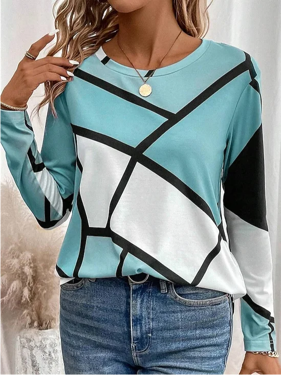 Women's Long Sleeve T-shirt Spring/Fall Light Blue Geometric Jersey Crew Neck Daily Going Out Casual Top