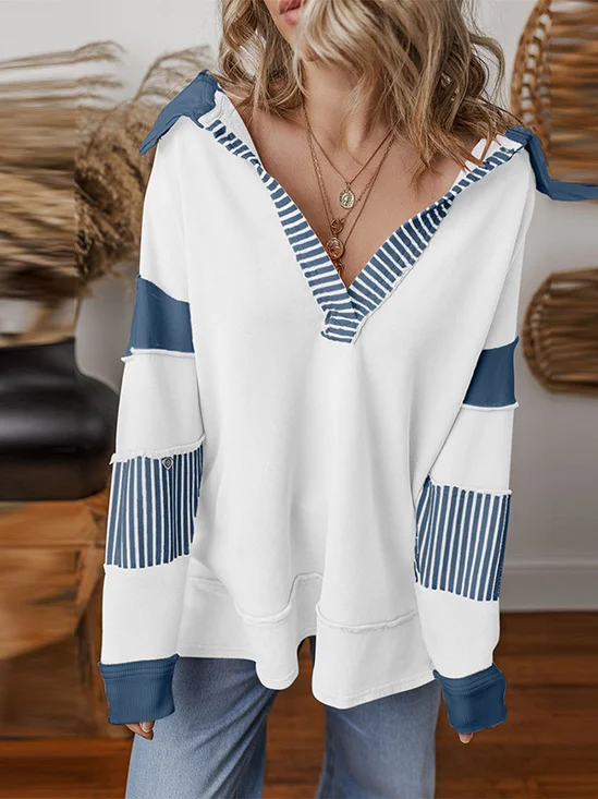 Striped Casual Shawl Collar Loose Sweatshirt