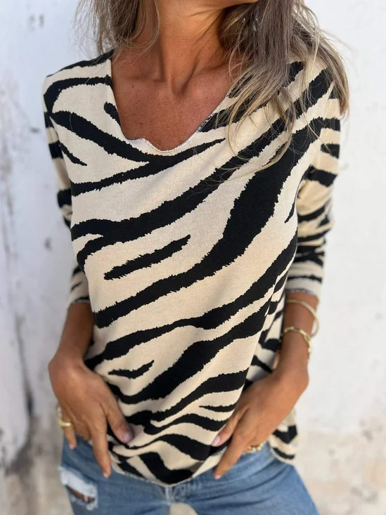 Women's Long Sleeve T-shirt Spring/Fall Khaki Striped V Neck Daily Going Out Casual Top