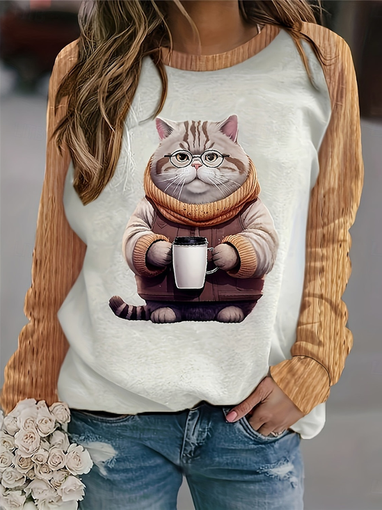 Coffee Cat Round Neck Casual Sweatshirt