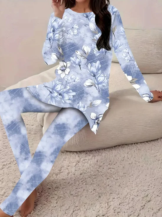 Blue floral print casual women's two-piece set