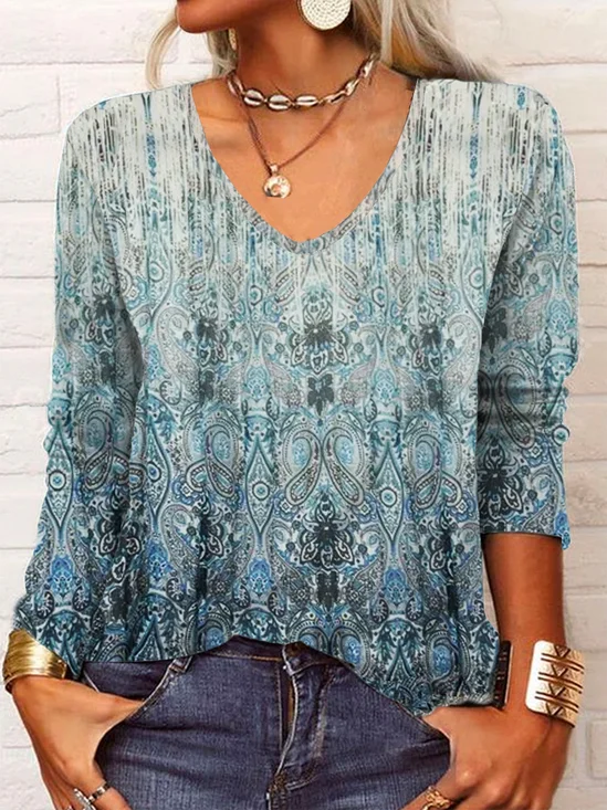 Ethnic V Neck Jersey Casual T-Shirt