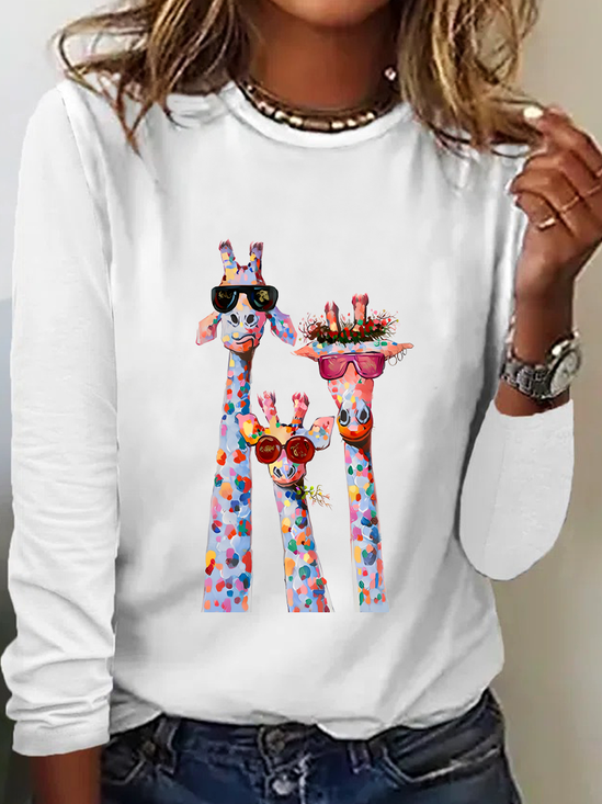 Women's Oil Painting Funny Giraffe Print Casual Long Sleeve Shirt