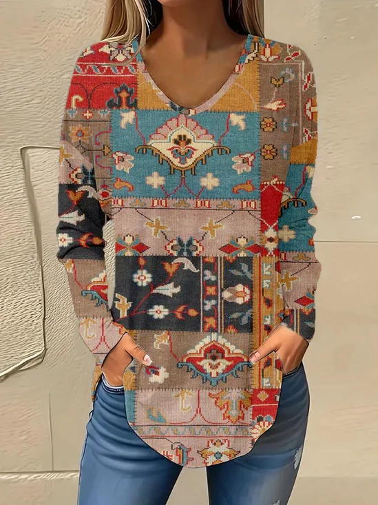 Loose Color Block Vintage V Neck T-Shirt