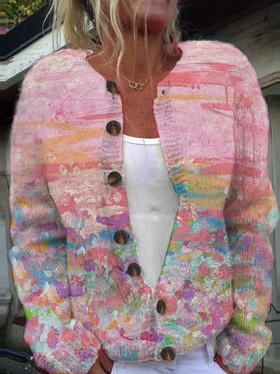 Women's Pink Art Oil Painting Breast Cancer Cardigan