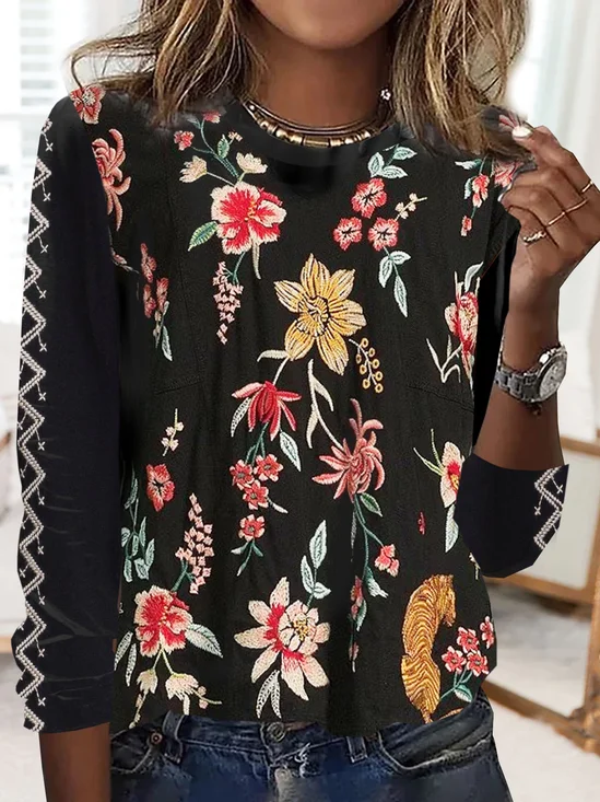 Floral printed casual round neck women's T-shirt