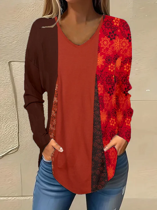 Vintage Color Block V Neck Loose T-Shirt