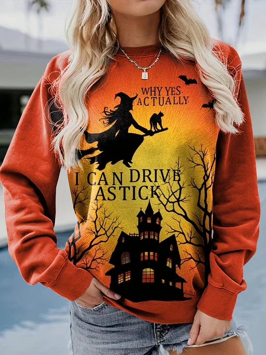 Halloween Witch Casual Crew Neck Loose Cotton Sweatshirt
