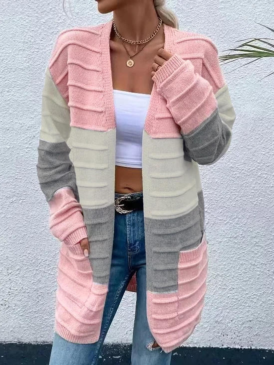 Casual Color Block Wool/Knitting Cardigan