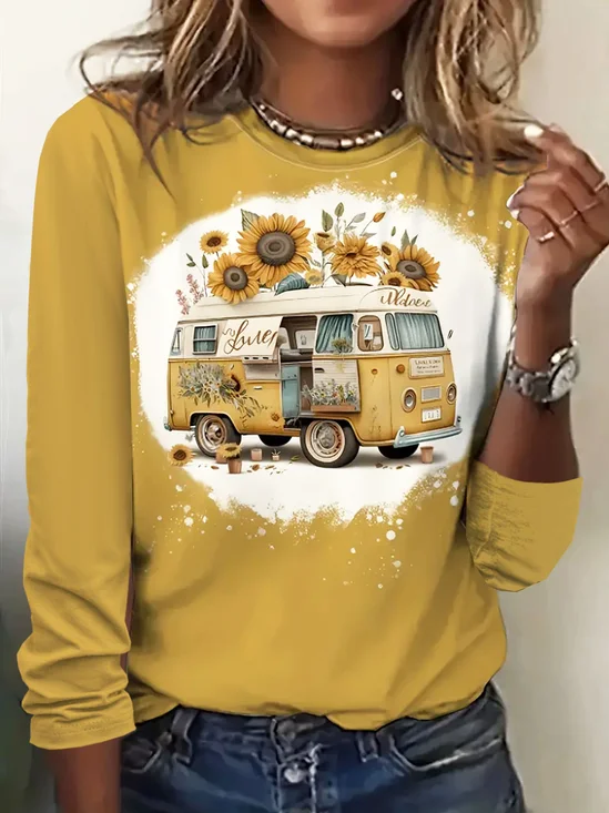 Sunflower and vintage car printed casual T-shirt