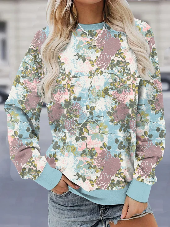 Crew Neck Loose Floral Vintage Sweatshirt