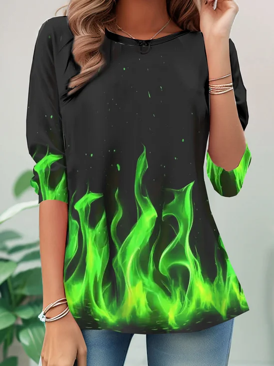 Halloween Green Flame Printed Casual T-shirt