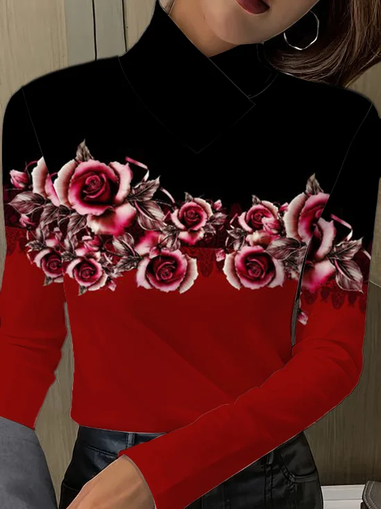 Cross-Collar T-Shirt With Contrasting Floral Design