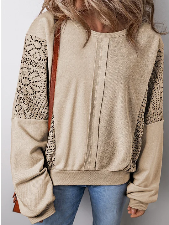Crew Neck Casual Lace Loose Sweatshirt