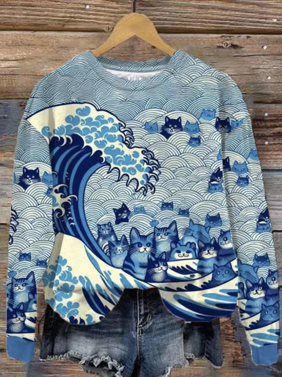 Women's Blue Waves&Cats Printed Sweatshirt