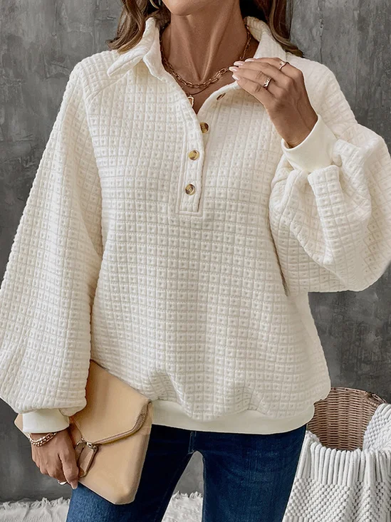 Balloon Sleeve Casual Shawl Collar Buckle Sweatshirt