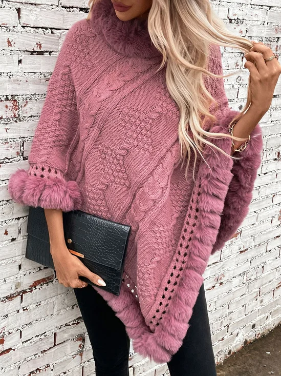 Fur Collar Elegant Plain Crew Neck Cloak
