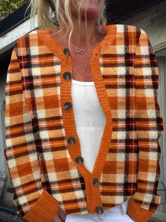 Women's Autumn Fall 3D Printing Casual Plaid Knitted Cardigan