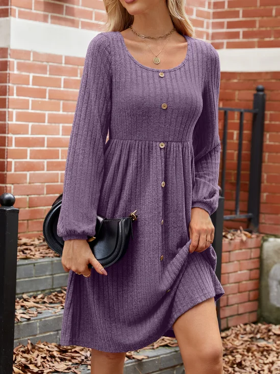 Women's Long Sleeve Summer Crimson Plain Crew Neck Balloon Sleeve Daily Going Out Casual Knee Length A-Line