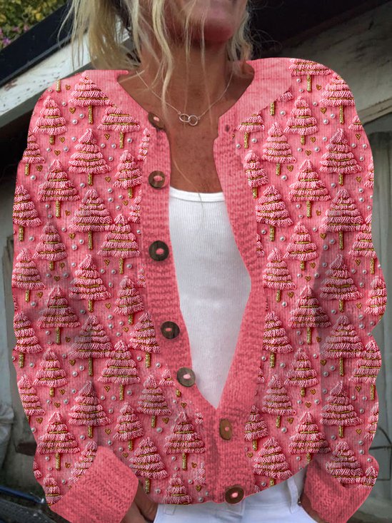 Casual Crew Neck Floral Knitted Cardigan