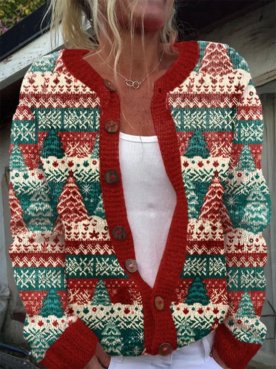 Knitted Crew Neck Casual Regular Fit Cardigan