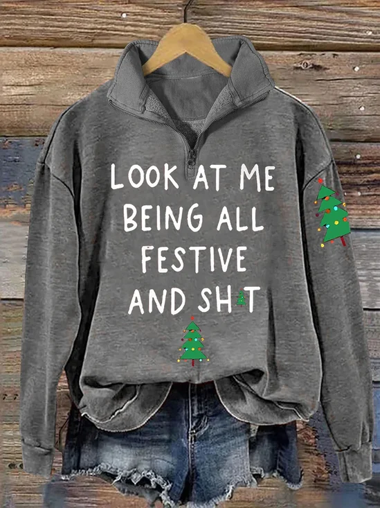 Regular Fit Christmas Snowman Casual Half Open Collar Sweatshirt