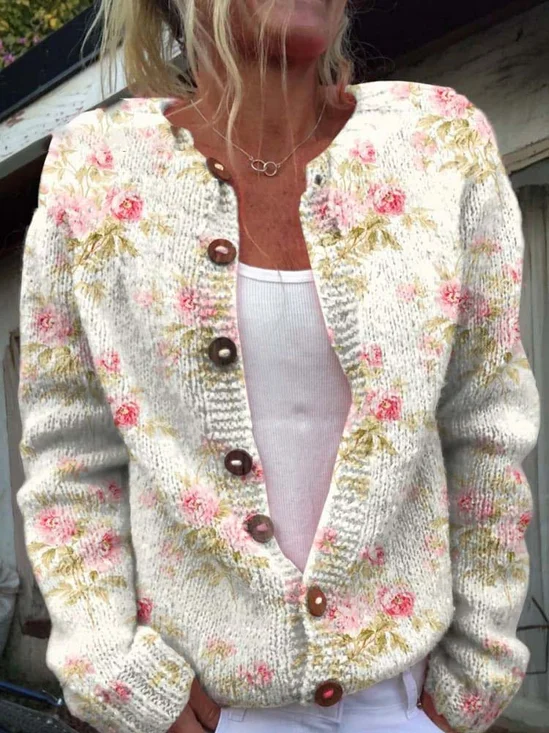 Fresh Pink Flowers and Green Leaves Print Buttoned Cardigan