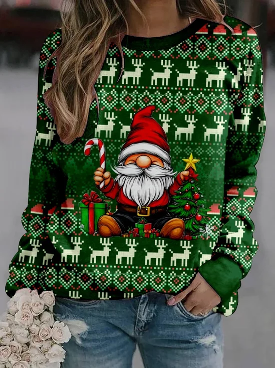 Santa Claus Gnome  Christmas tree Christmas Elk Crew Neck Santa Claus Casual Loose Sweatshirt