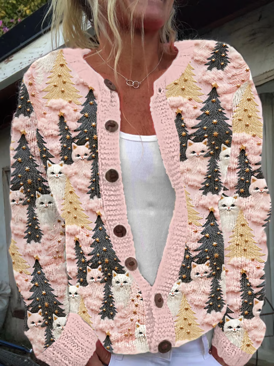 Women's Christmas Cats Print Casual Cardigan