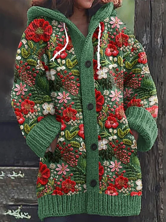 Vintage Christmas Floral Embroidery Pattern Women's Hooded Sweater Cardigan