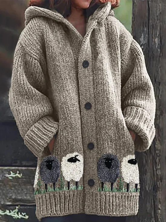 Fluffy Sheep Embroidery Art Cozy Hooded Cardigan