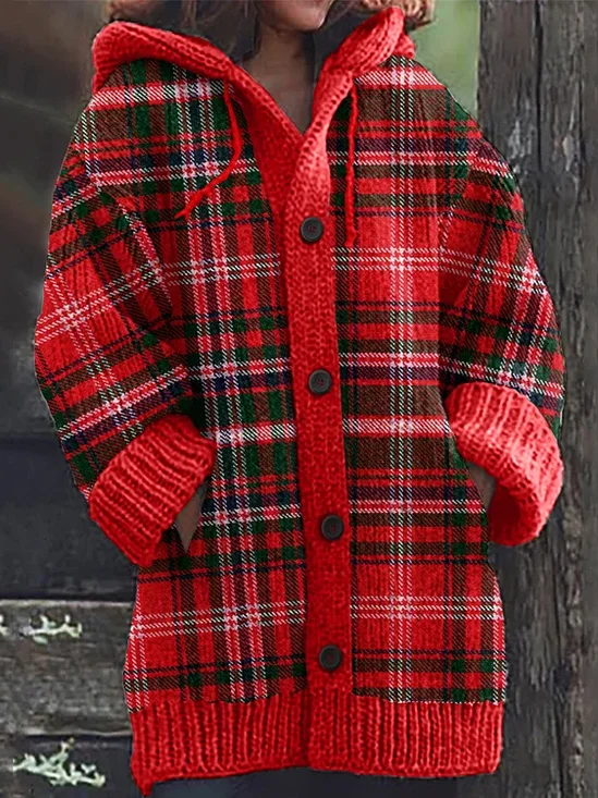 Merry Christmas Plaid Pattern Knitted Cardigan Sweater