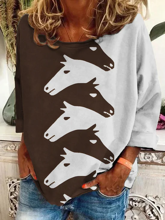 Women's Vintage Western Horse Print Crew Neck Sweatshirt