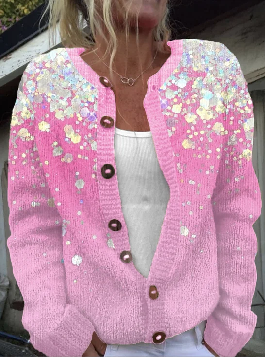 Women’s Casual Winter Maple Leaf Knitted Heavyweight Micro-Elastic Long Sleeve Cardigan