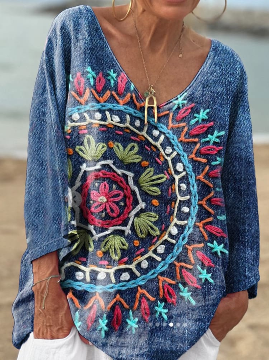 Women's Vintage Art Print Casual V Neck Long Sleeve Comfort Cotton T-Shirt