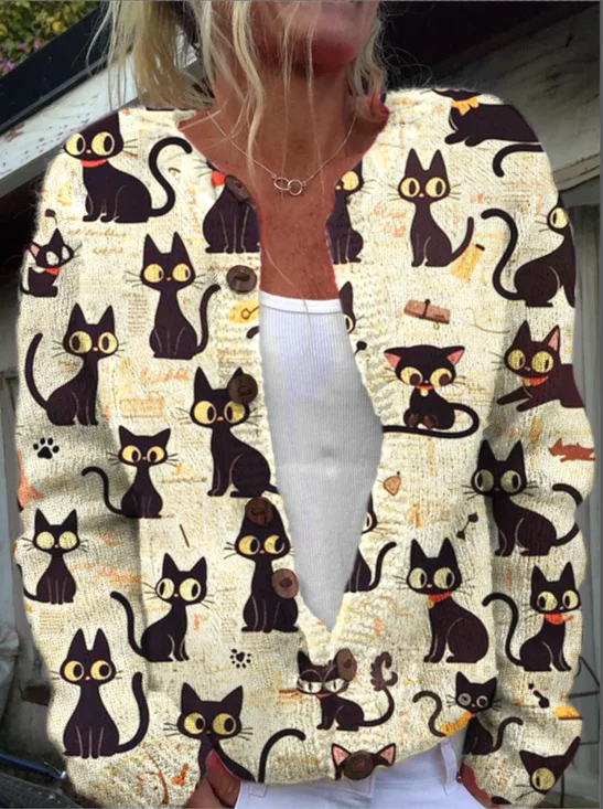 Women's Casual Round Neck Cat Knitted Print Cardigan