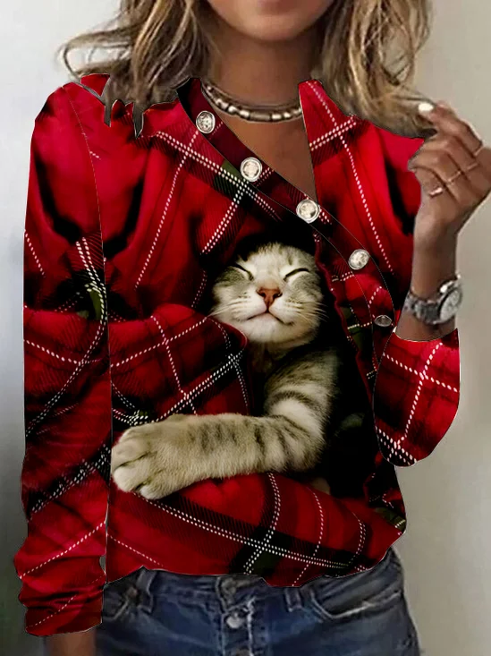 Santa Claus Plaid Cat Christmas Long Sleeve Shirt