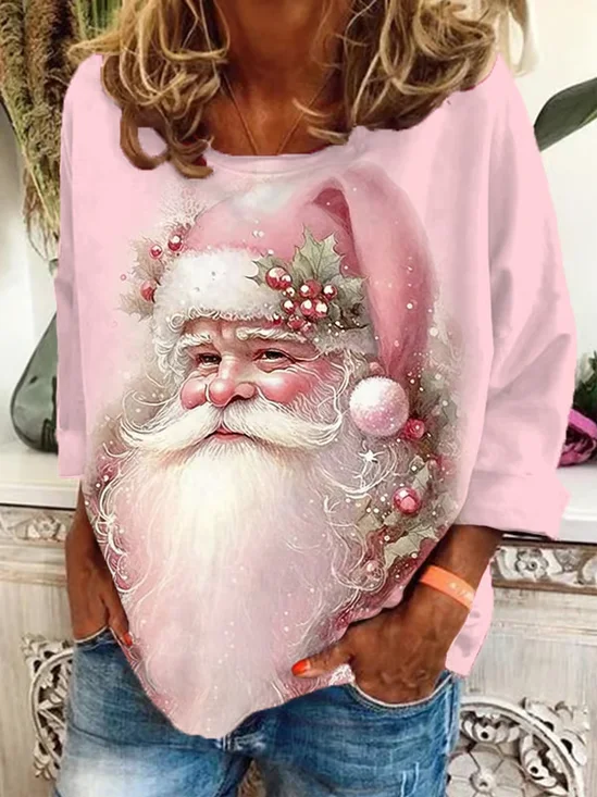 Women's Christmas Pink Santa Print Casual Sweatshirt
