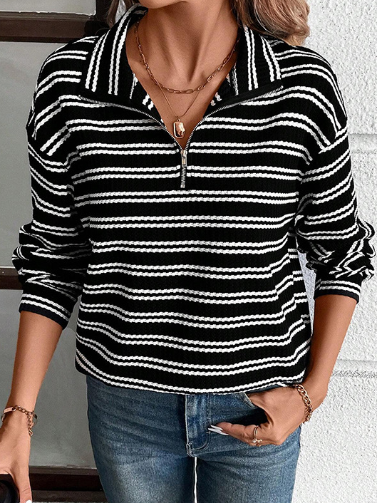 Striped Shawl Collar Zipper Casual Sweatshirt
