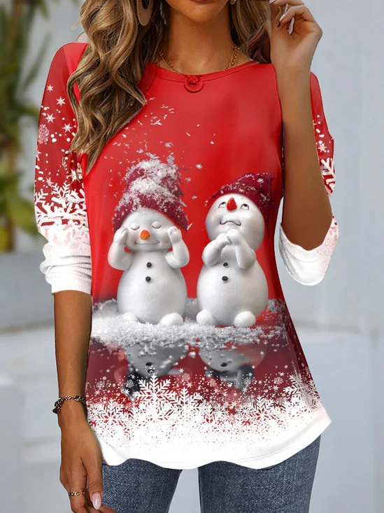Women's Long Sleeve T-shirt Spring/Fall Red Christmas Snowman Jersey Crew Neck Daily Going Out Casual Top