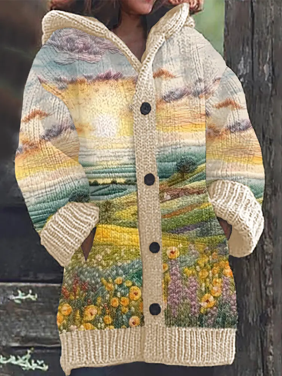 Women's Embroidered Floral Landscape Art Painting Comfortable Knitted Hooded Cardigan
