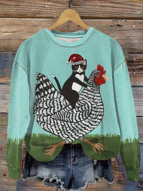 Women's Funny Christmas Cat And Sledding Chicken Print Sweatshirt