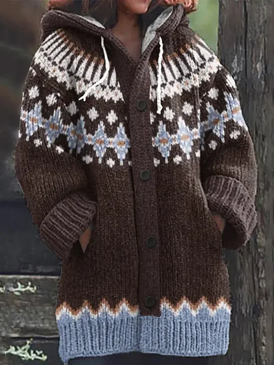 Women's Vintage Fairman Island Floral Print Knit Hooded Cardigan