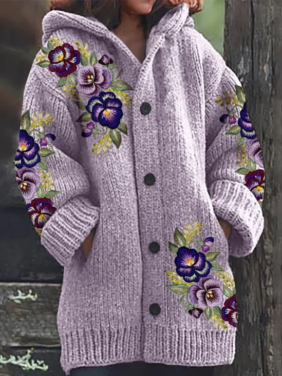 Women's Embroidered Floral Casual Print Hooded Cardigan