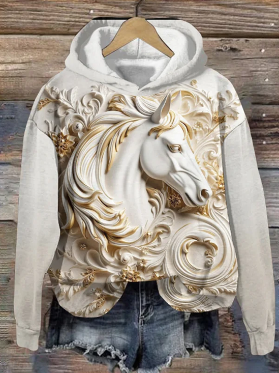 Women's Vintage Embossed Horse Print Hoodie