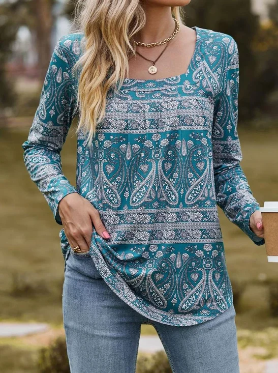 Ethnic Square Neck Regular Fit Casual T-Shirt