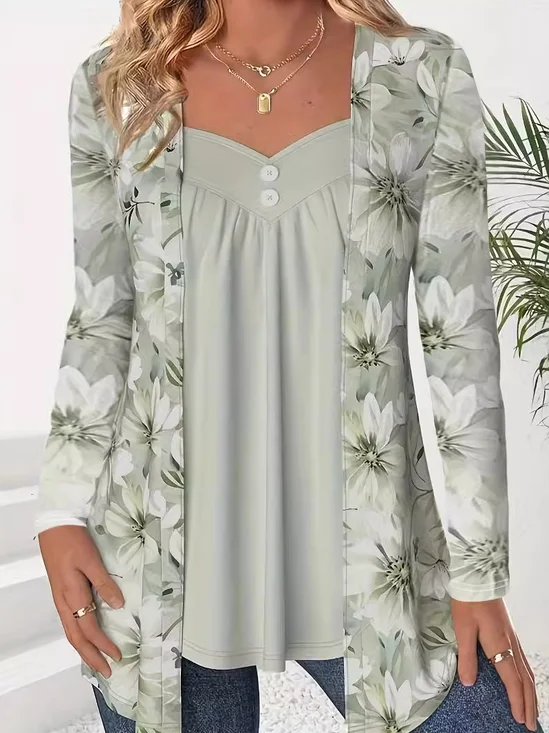 V Neck Jersey Floral Casual Blouse