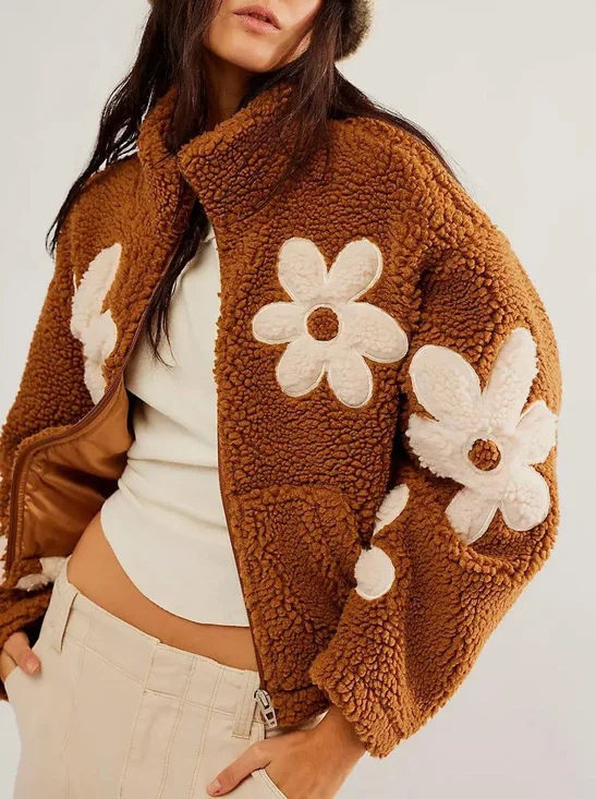 Floral Pattern Loose Mock Neck Vintage Teddy Jacket