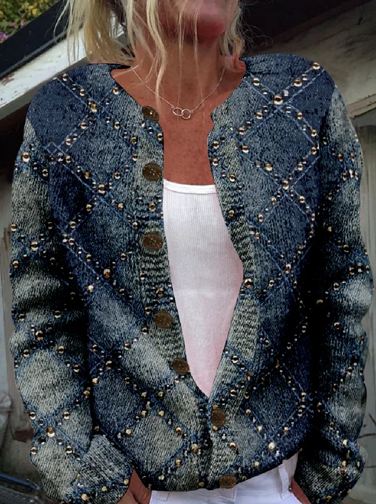 Knitted Vintage Crew Neck Gradient Pattern Cardigan