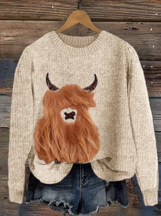Retro Highland Bull Round Neck Sweater